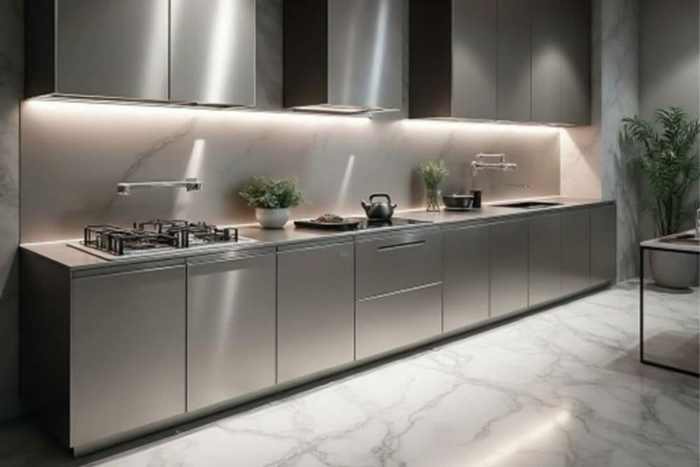 Stainless steel kitchen cabinets and marble floor
