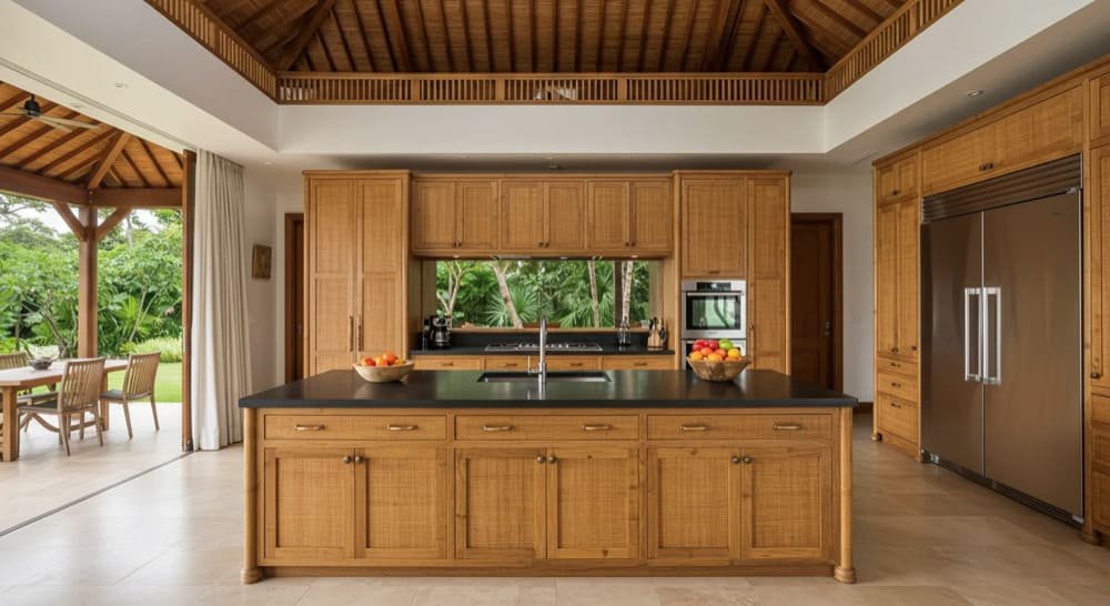 Bamboo kitchen cabinets with tropical view