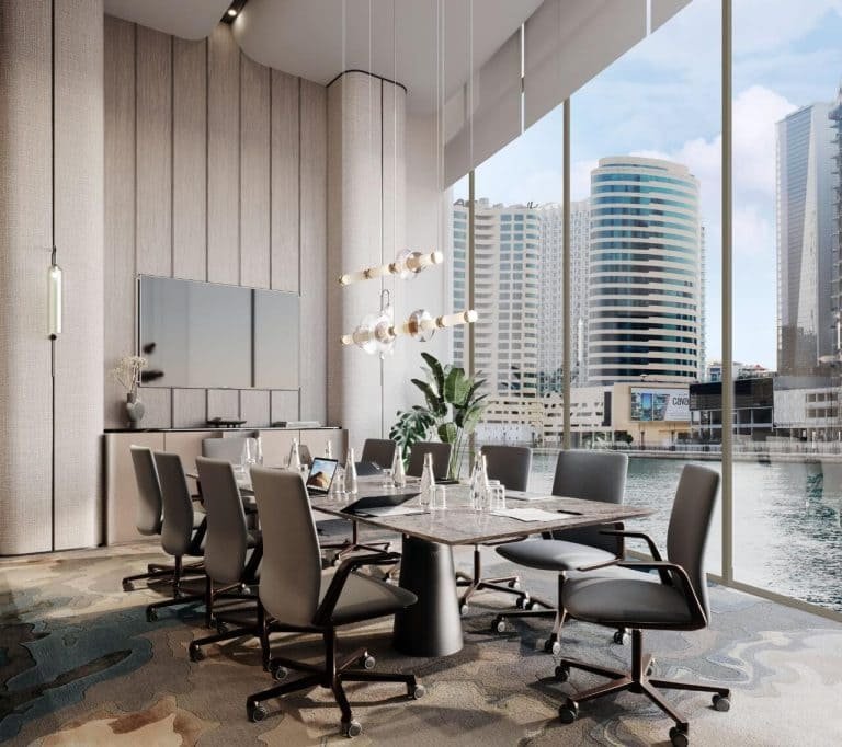 High-end meeting room with floor-to-ceiling windows