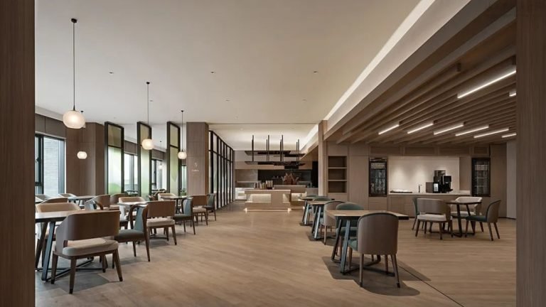 Hotel restaurant with custom banquettes and lighting