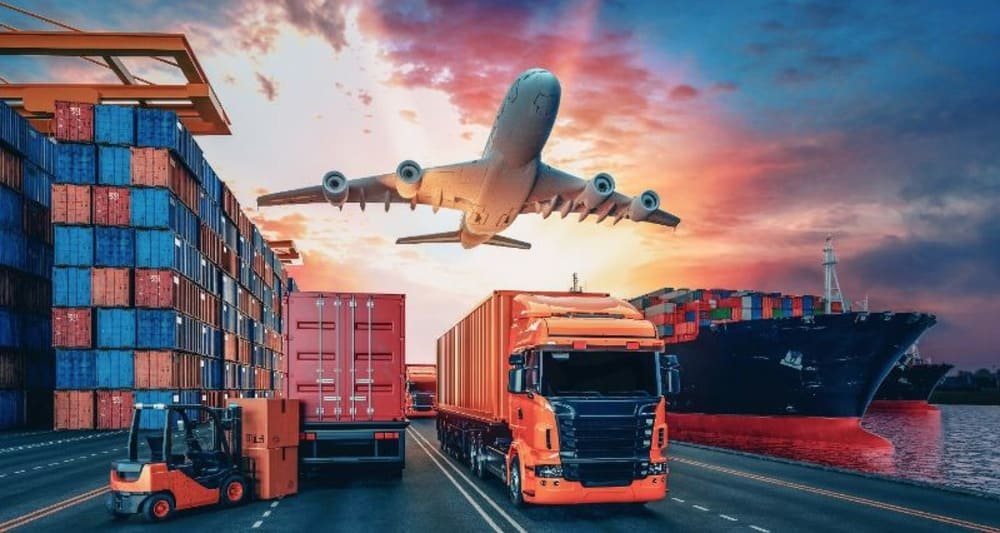 Global logistics at sunset with plane, cargo ship, and trucks