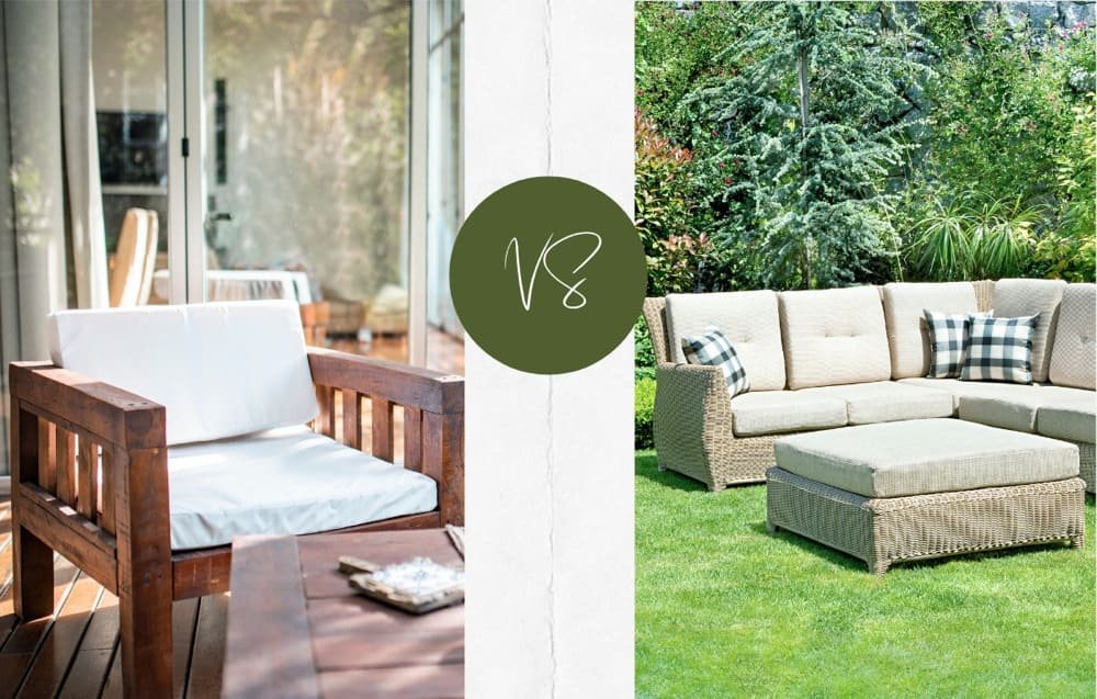Teak vs aluminum outdoor furniture image comparing a teak chair and a wicker sectional