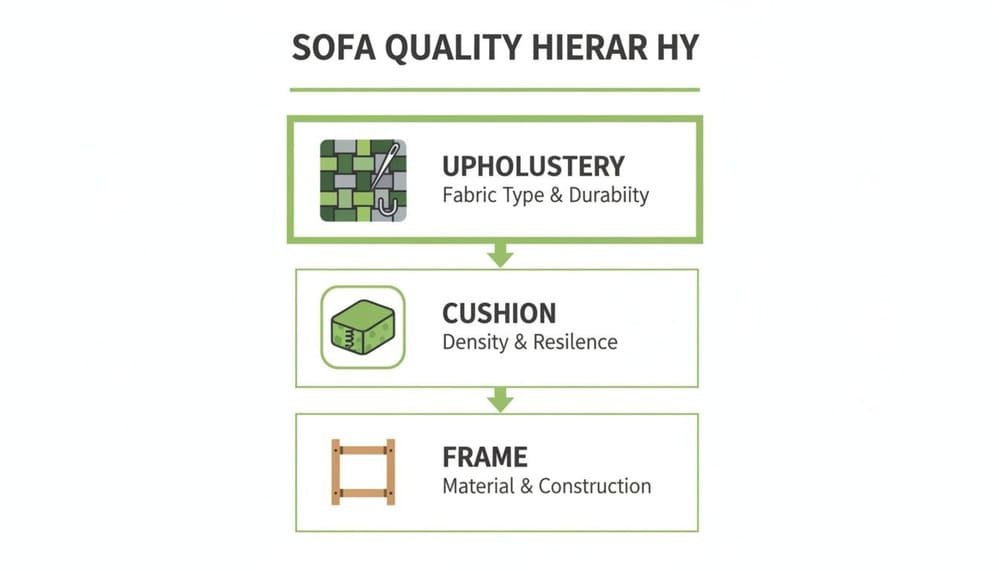 Sofa quality hierarchy diagram showing upholstery, cushion, and frame layers