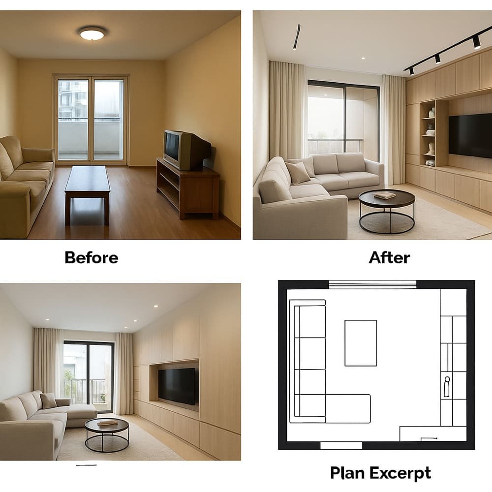 living room remodeling case study with before/after photos and floor plan excerpt