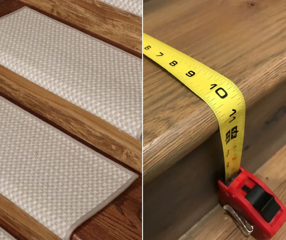 Wooden stairs with beige carpet runners; yellow tape measure stretched across a stair edge
