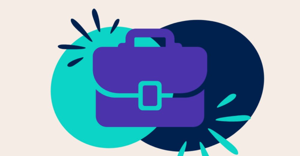 A purple briefcase on overlapping teal and navy circles with abstract splash designs