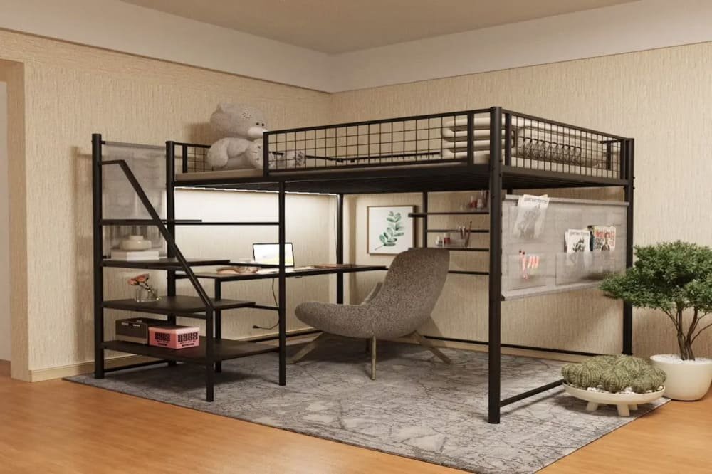 Modern loft bed with workspace underneath featuring a desk and lounge chair