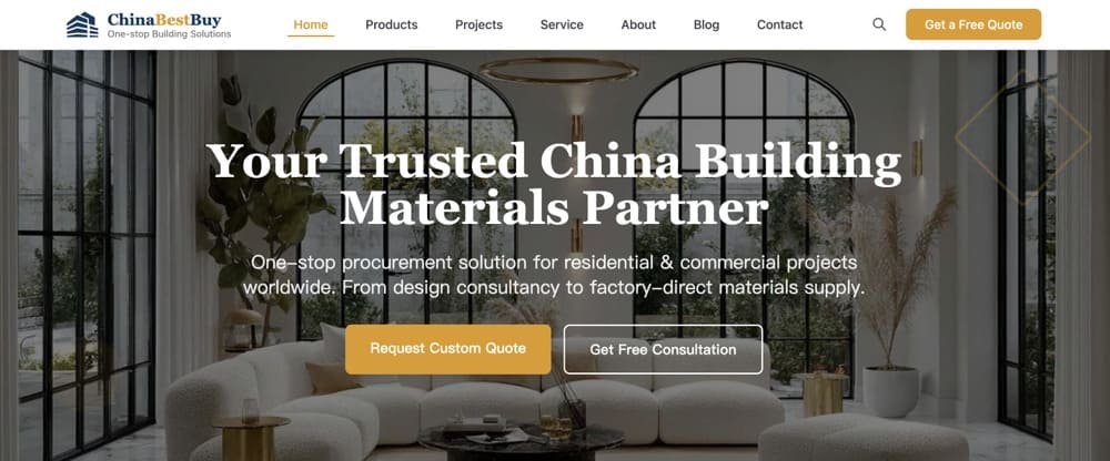 Homepage showing ChinaBestBuy's building solutions with a modern living room and service offerings