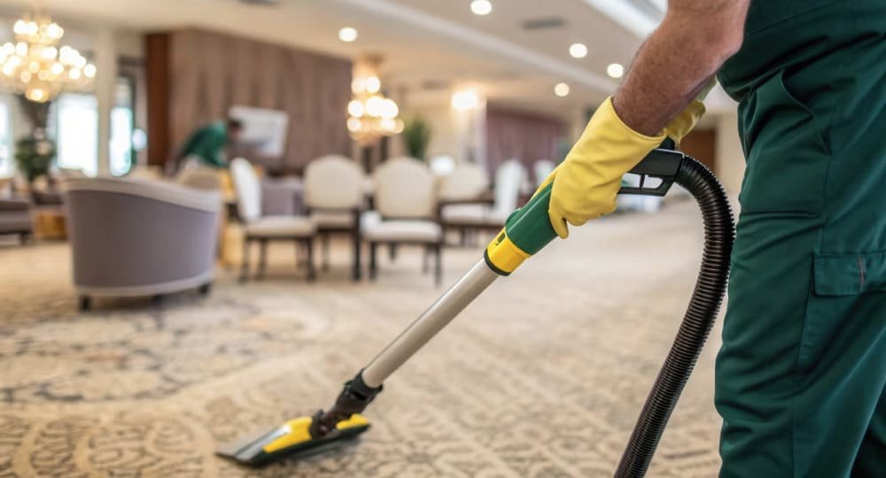 A person in a green uniform vacuuming a carpeted room with chandeliers and chairs