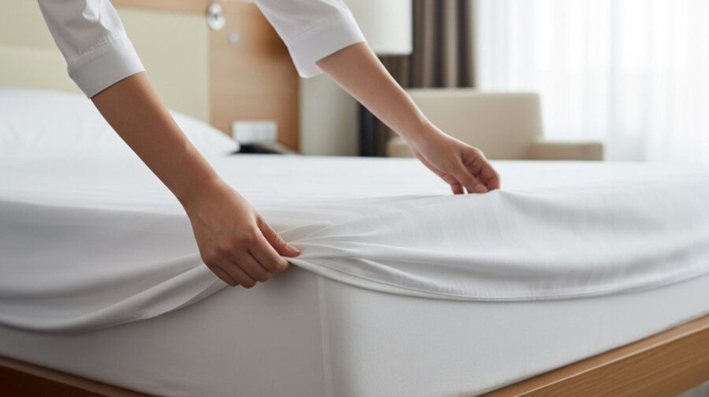 Person in a white shirt tucking a white sheet onto a mattress