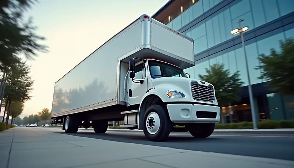 A white delivery truck driving down a city street with a modern building and trees in the background