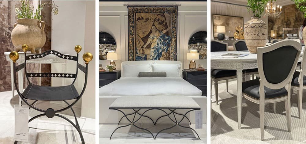 A showroom with an ornate chair, a bedroom display with a bed and tapestry, and a round dining table with detailed chairs