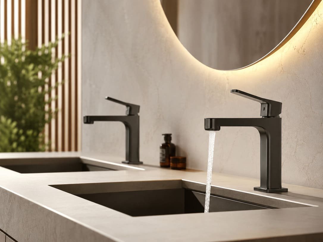 Modern Bathroom Faucet Installation With Double Sink Vanity And Water Flow