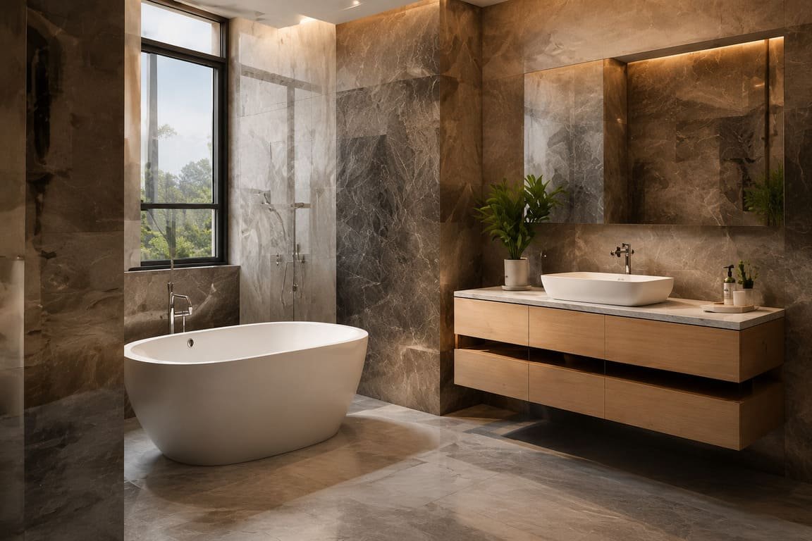 Luxury Marble Bathroom With Freestanding Bathtub And Floating Vanity
