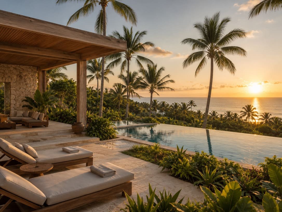 Brazil resort infinity pool overlooking a tropical coastline at sunset
