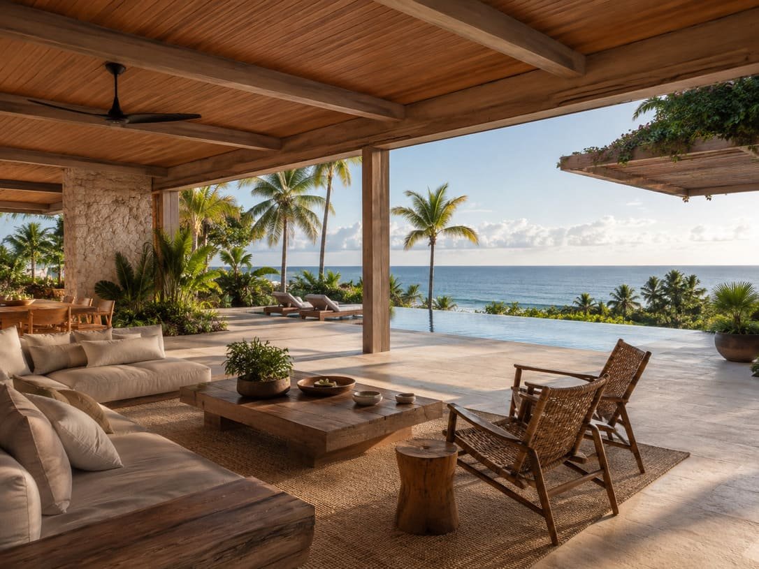 Brazil resort ocean view lounge with natural wood furniture and tropical landscaping