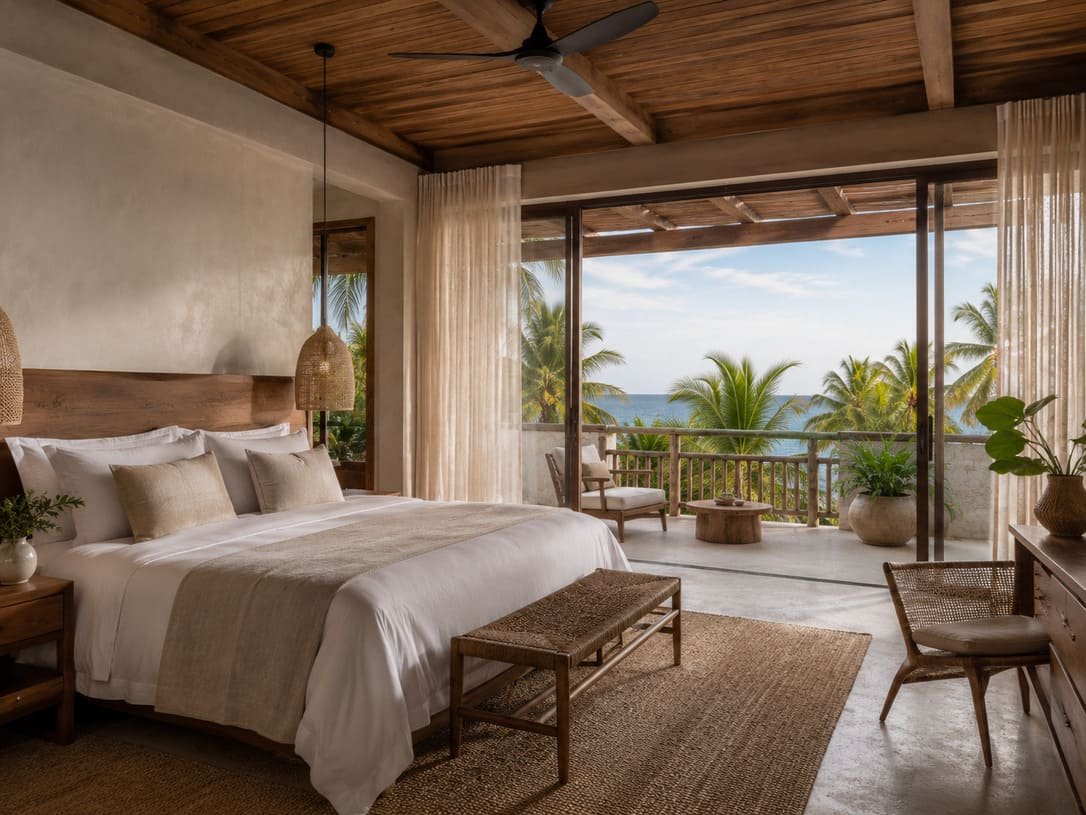 Brazil resort ocean view suite with natural wood furnishings and tropical balcony