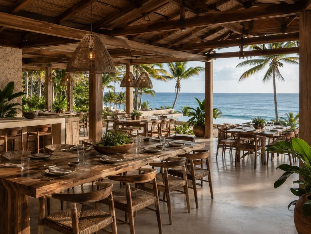 Brazil resort oceanfront restaurant with natural wood furniture and tropical views