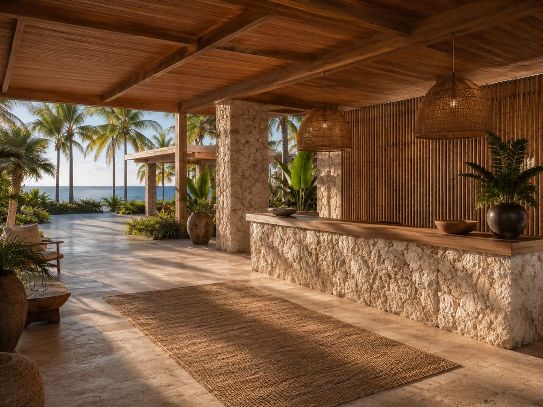 Brazil resort open air lobby with natural stone wood and tropical ocean views