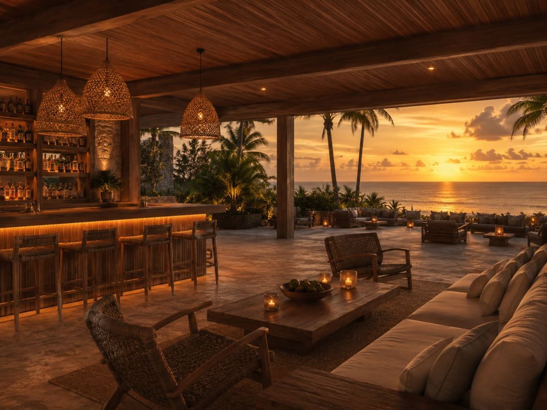 Brazil resort sunset lounge with natural wood furniture and panoramic ocean views
