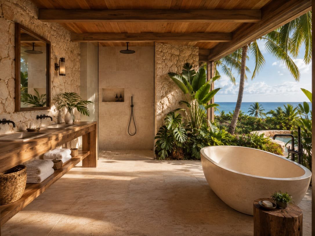 Brazil resort tropical bathroom with natural stone wood finishes and ocean views