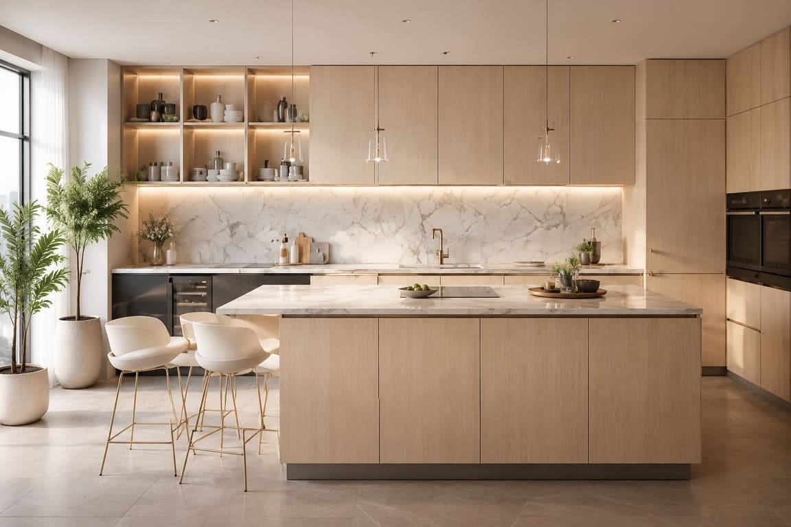 Warm Minimalist Kitchen With Marble Backsplash And Island
