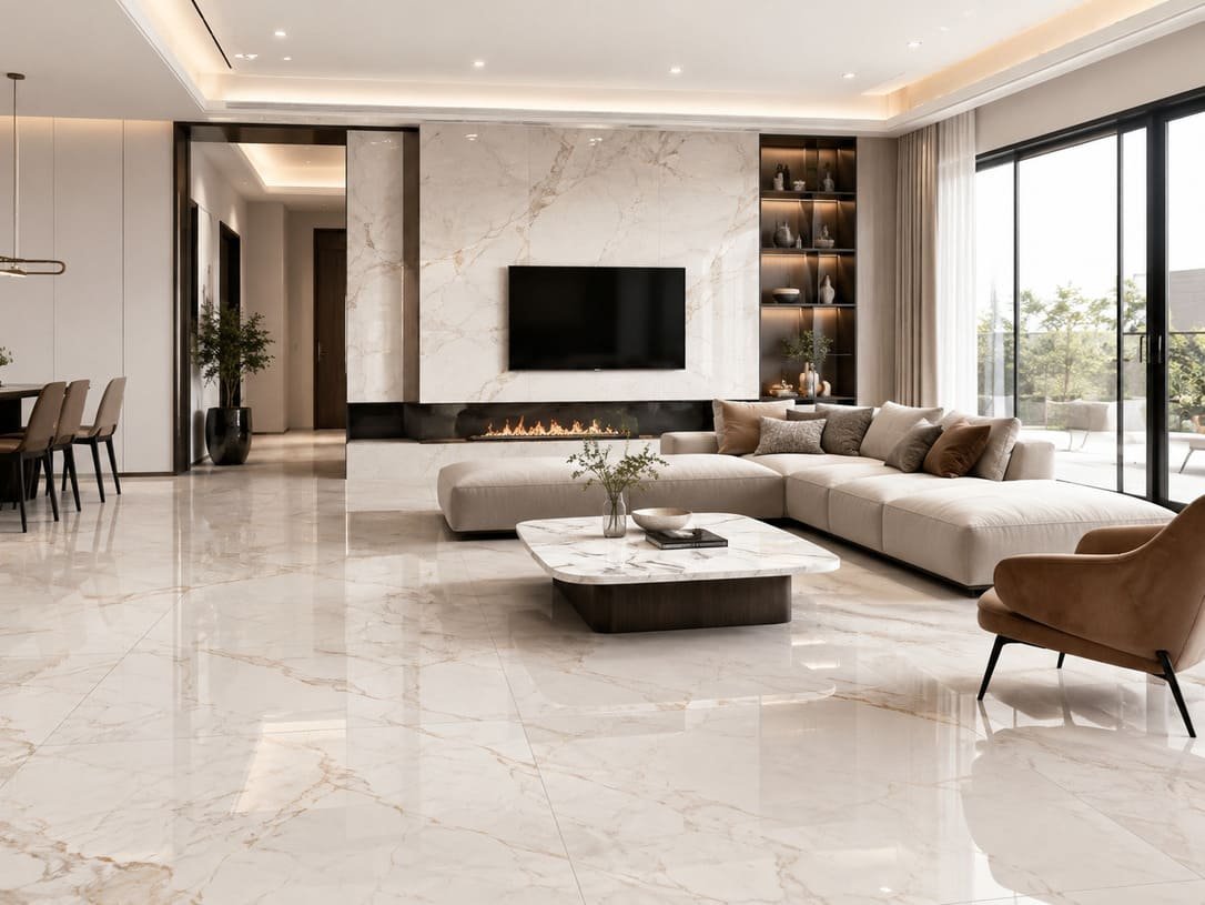 Modern Living Room With Ceramic And Porcelain Tile Flooring