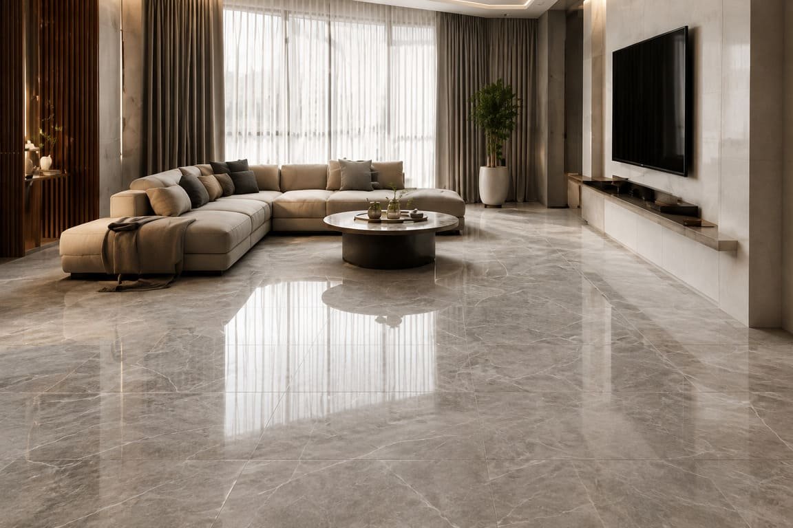 Luxury Living Room With Large Format Tile Flooring