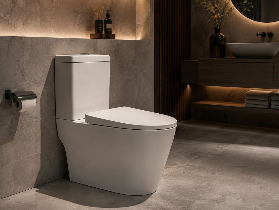 Modern Ceramic Toilet In A Contemporary Bathroom With Warm Lighting