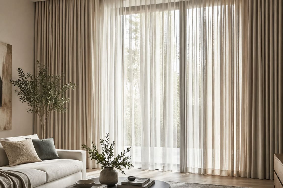 Sunlit Neutral Living Room With Elegant Curtains