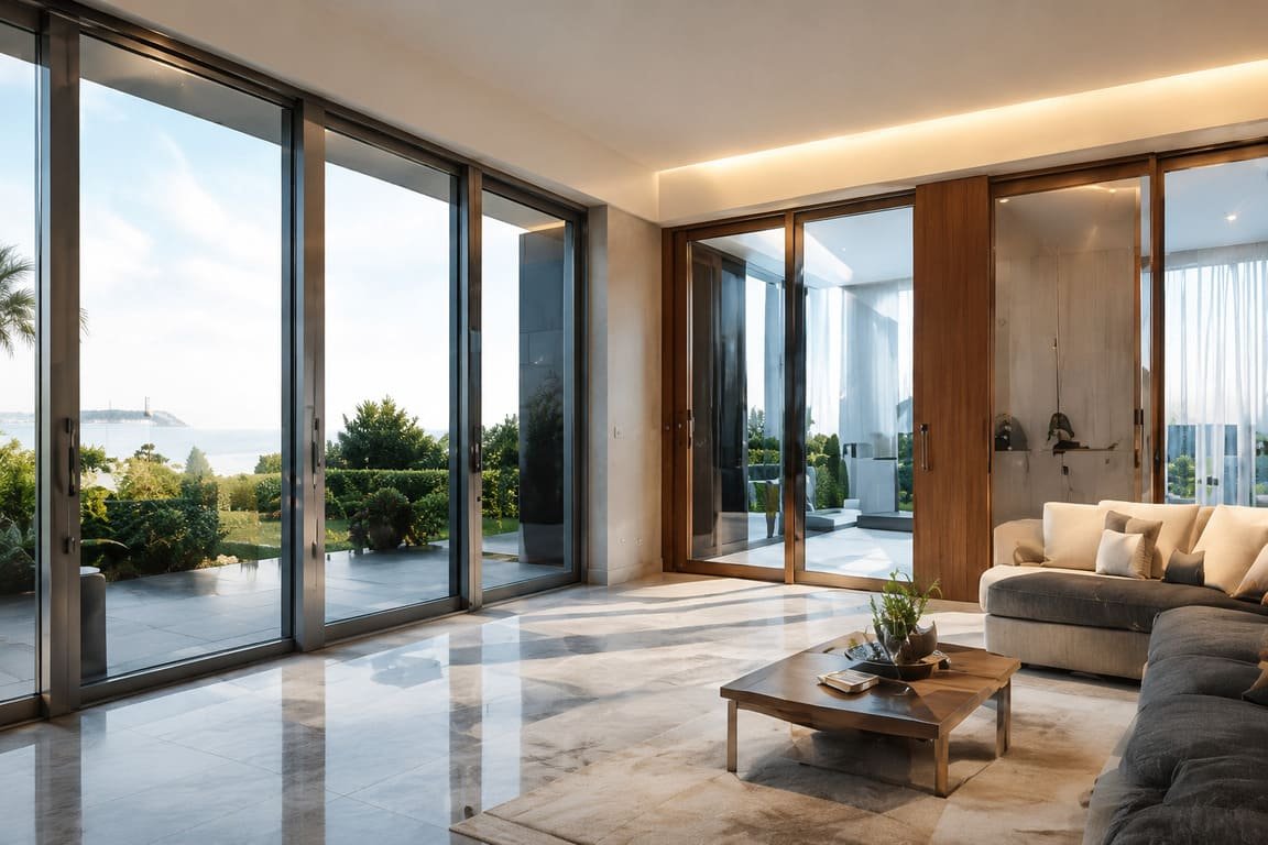 Luxury Living Room With Large Glass Doors And Indoor Outdoor Connection
