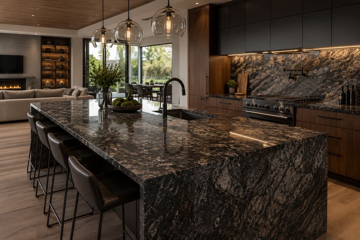 Dark Granite Island Kitchen With Premium Stone Countertop