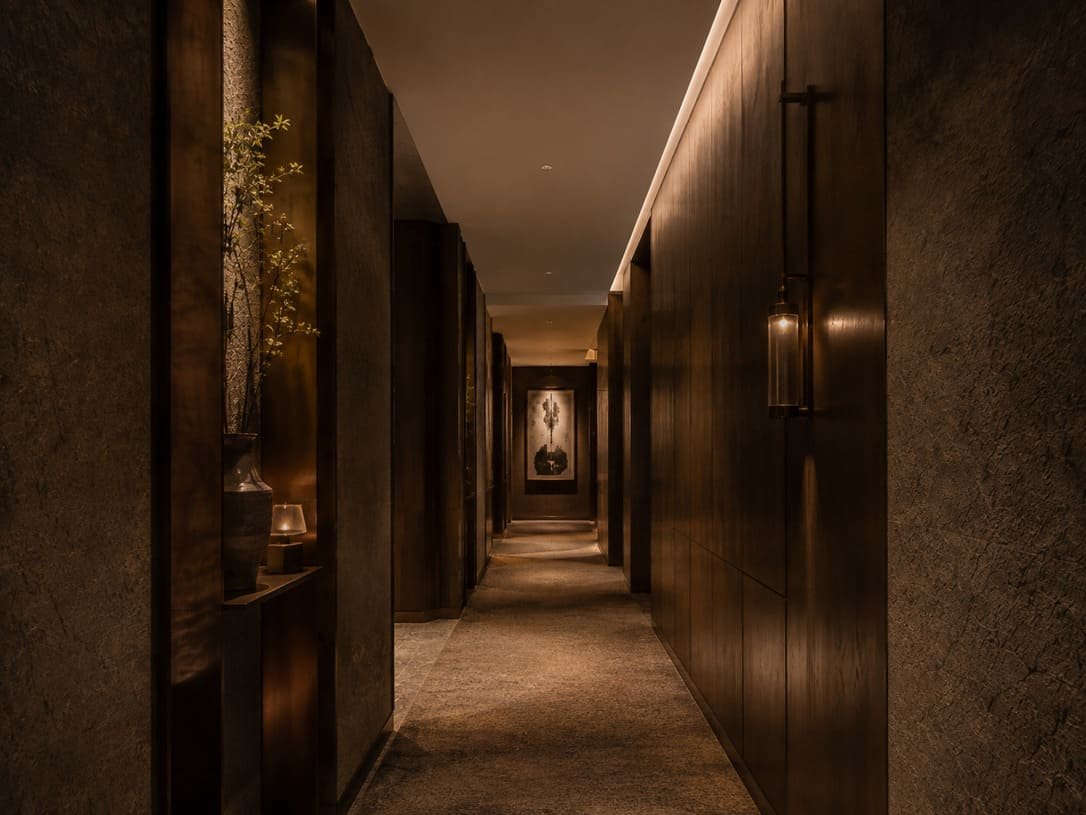 Guest room corridor with custom lighting