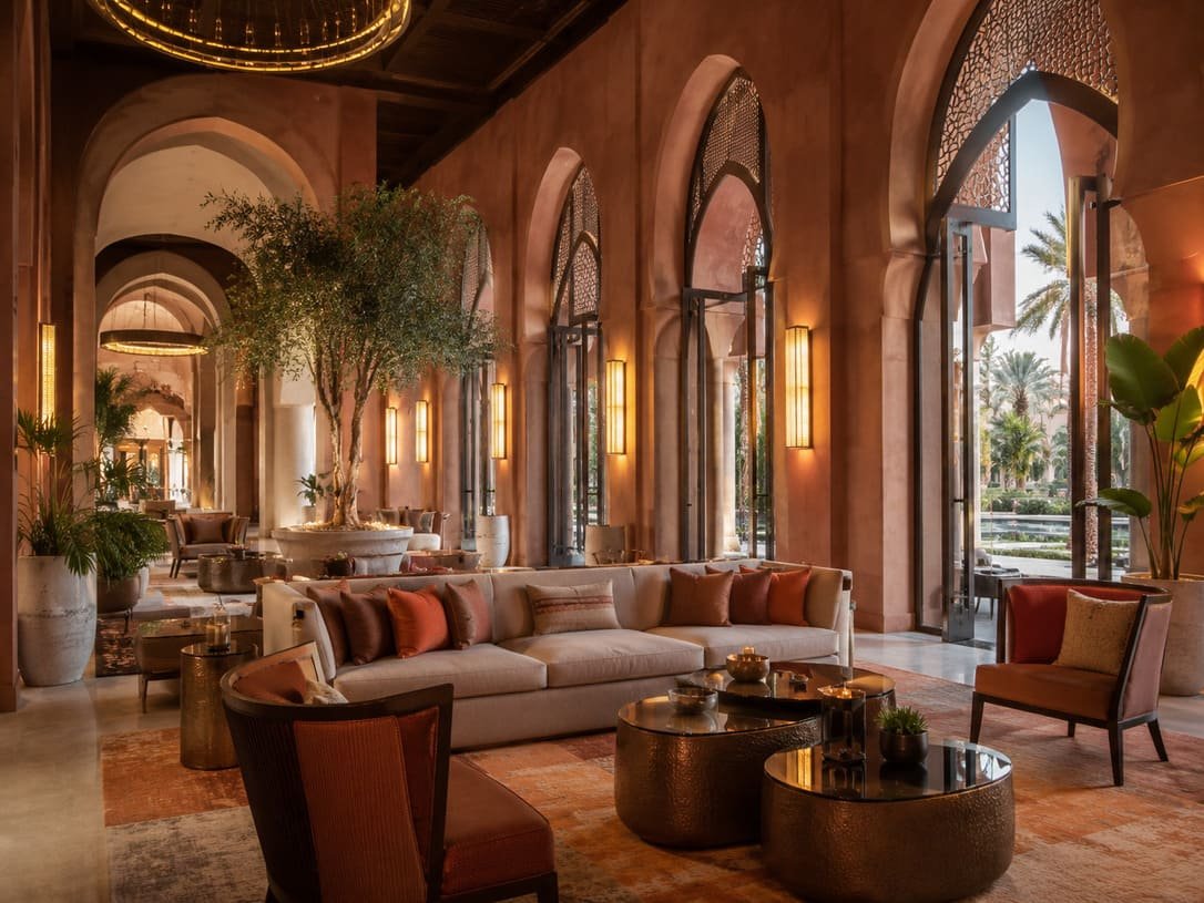Luxury Hotel Resort Lounge With Arched Architecture And Warm Interior Design
