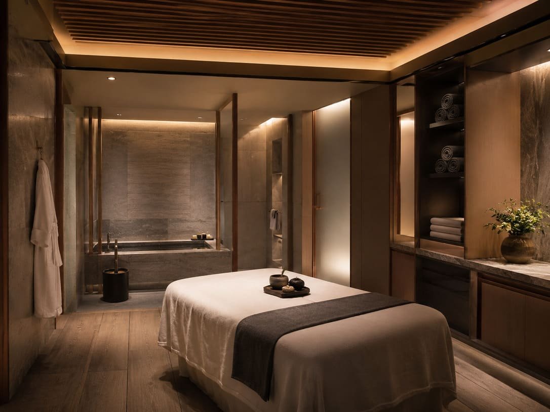 Luxury spa treatment room with natural materials