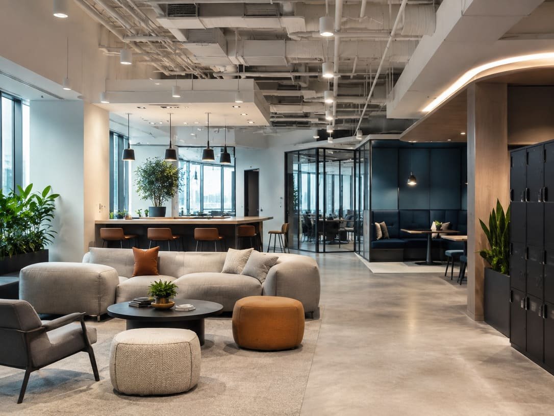 Modern industrial office lounge with glass partitions