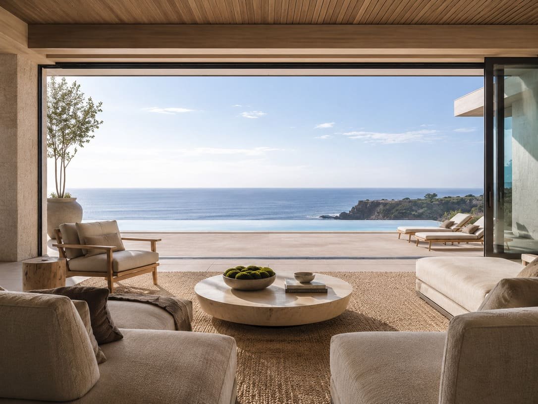 Open concept great room with ocean views