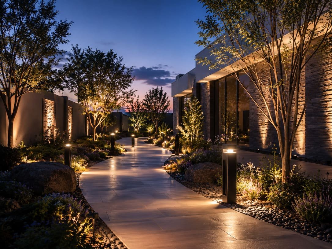 Modern Outdoor Landscape Lighting With Illuminated Garden Pathways