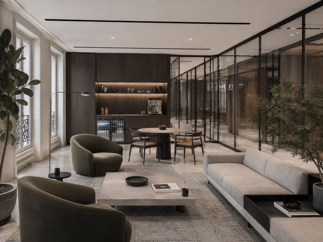 Pantry and café with cabinetry and worktops