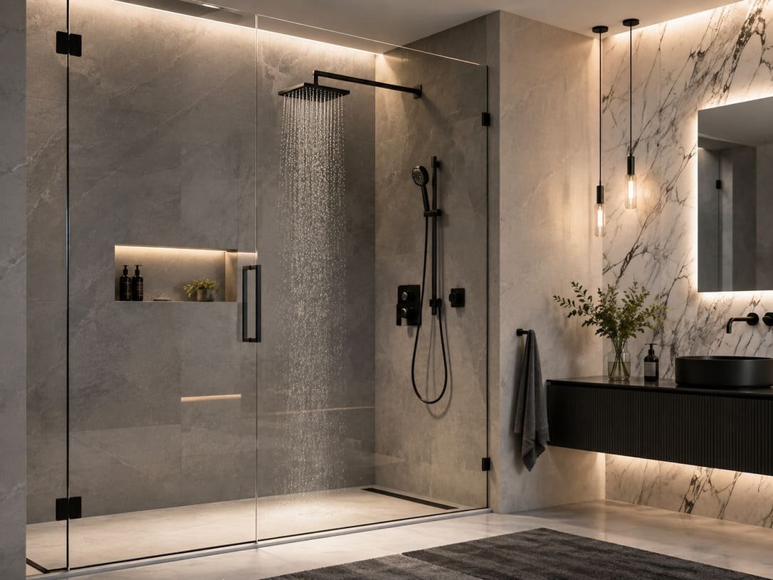 Modern Shower Solution With Glass Enclosure And Rain Shower System