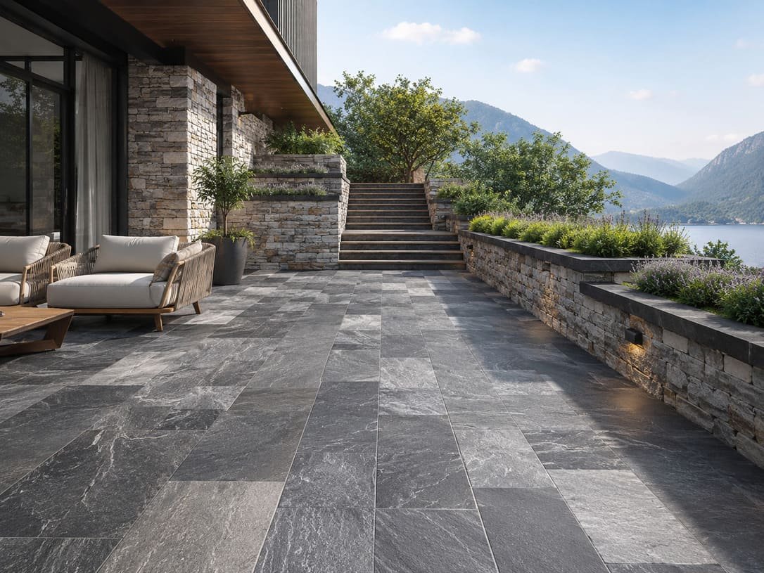 Outdoor Stone Patio With Specialty Flooring And Lake View