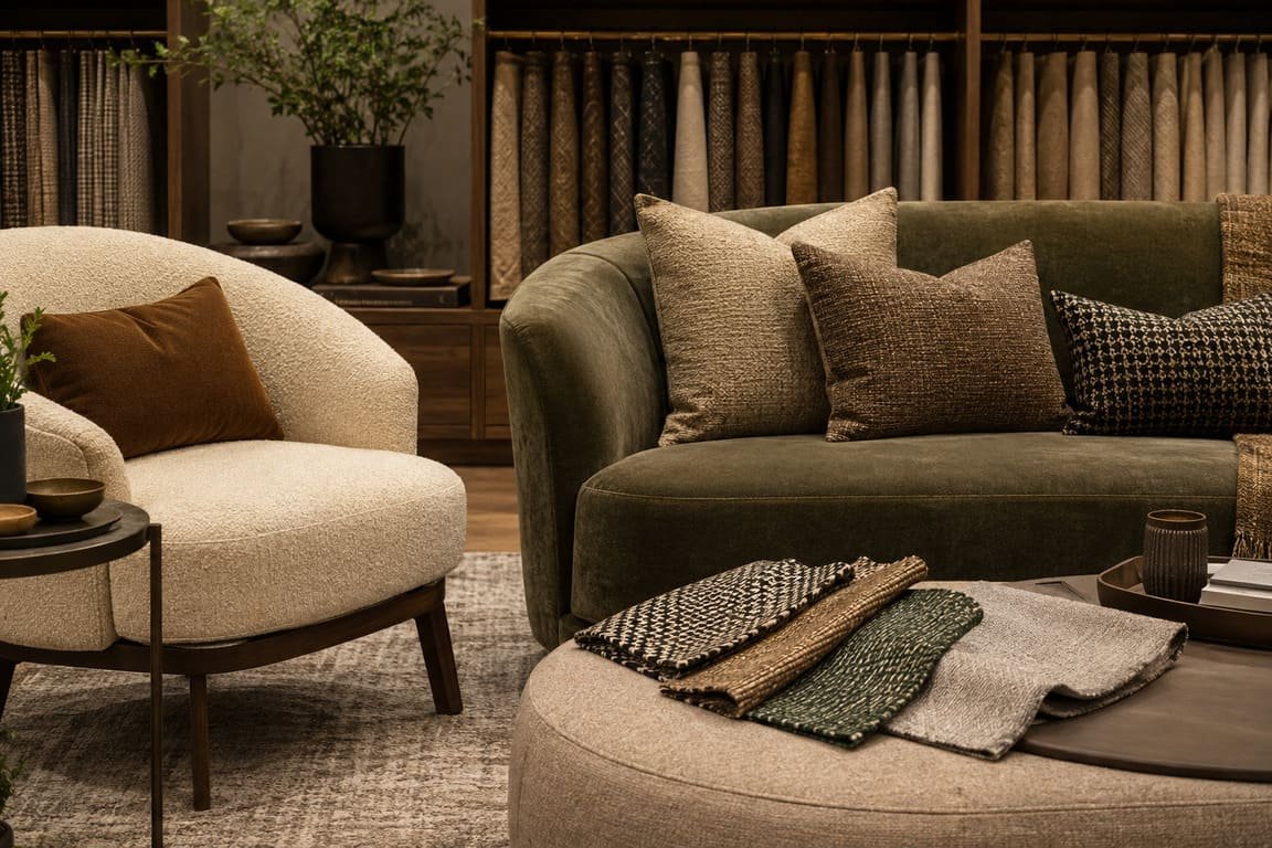 Cozy Upholstery Showroom Lounge With Premium Textured Fabrics