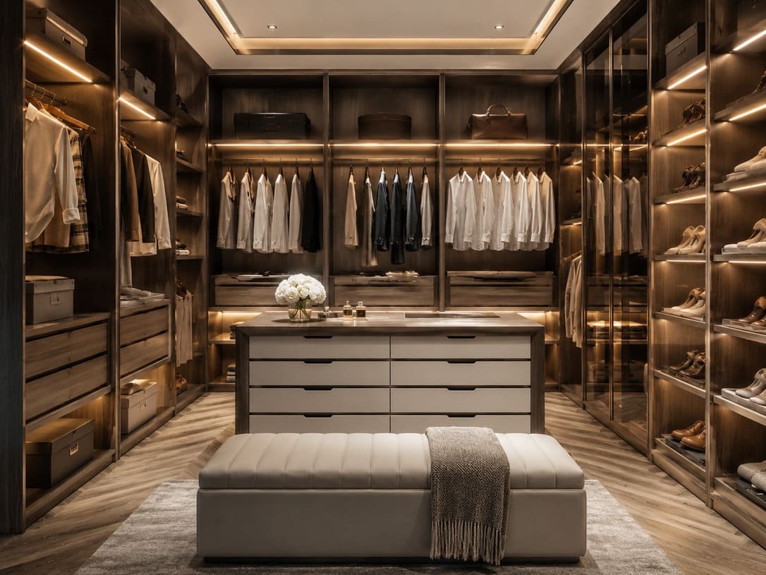 Luxury Walk In Closet System With Custom Storage Cabinets And Ambient Lighting