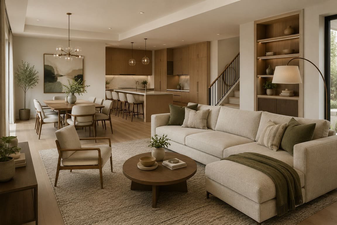 Warm Neutral Open Plan Living Space With Coordinated Furniture